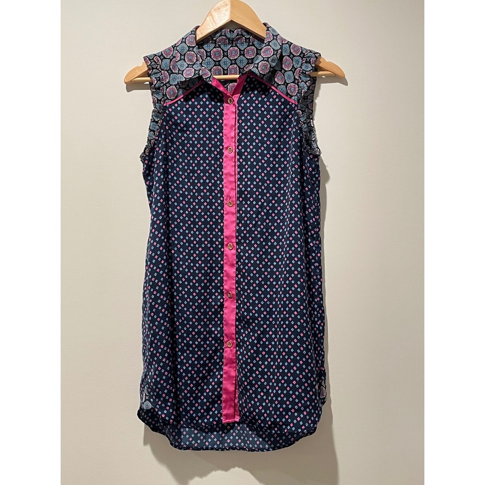 Juicy Couture Sleeveless Top Navy Pink Diamond Print‎ Button Down Shirt